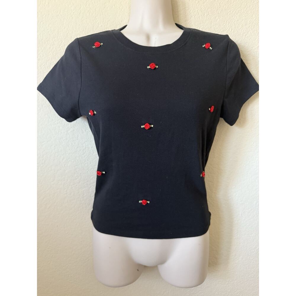 NIKXIE Black Red Roses Rosette Appliqué Short Sleeve Baby Tee T Shirt Top Size S